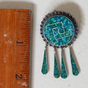 Sterling Silver & Turquoise Chip Inlay Pin & Pendant, Vintage, Mexico
